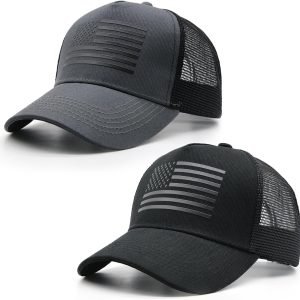 2 Packs American Flag Trucker Hat, Adjustable Mesh Baseball Caps for Men Women
