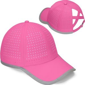 Girls Criss Cross Ponytail Hat Reflective Brim Baseball Cap Kids Quick Drying Laser Perforated Mesh Golf Hat Age 5-12