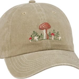 Baseball Cap, Snail & Mushroom, Stonewashed Khaki, Adjustable fit Metal Buckle